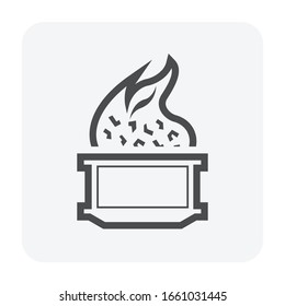 Smelting burning or heating vector icon. Consist of ore, fire, crucible or container. Process for casting in metallurgy or metallurgical production industry. In foundry, furnace or factory plant.