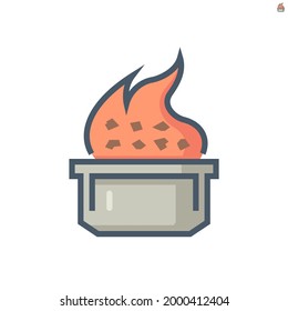 Smelting burning or heating vector icon. Consist of ore, fire and crucible. Process for casting in metallurgy or metallurgical production industry. In foundry, furnace or factory plant. 64x64 pixel.
