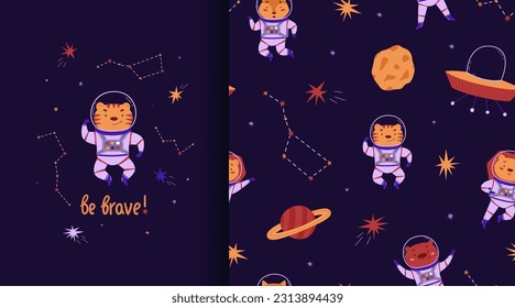 smic seamless pattern and poster. Cute animals astronauts, alien ships and planets. Wild animals in outer space. Vector illustration in a flat style. International Day of Human Space Flight and