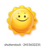 Smile 3d sun. Yellow bright symbol of hot season, isolated sun with smile. Sun 3D character. Happy yellow sun emoji with smiled face. Vector illustration of smile expression emotion
