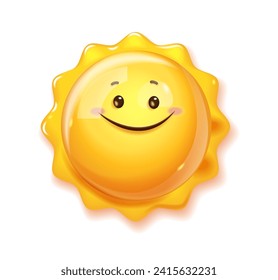 Smile 3d sun. Yellow bright symbol of hot season, isolated sun with smile. Sun 3D character. Happy yellow sun emoji with smiled face. Vector illustration of smile expression emotion