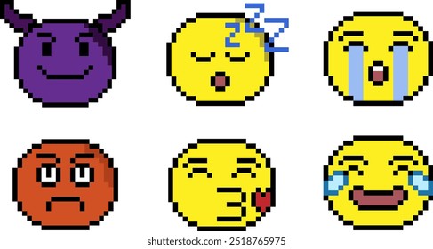 Sorriso, 8 bits, emoji, face vetorial, autocolantes, mini pack, ilustração vetorial, 10EPS