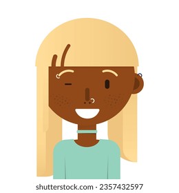 Smile african girl with blond hair avatar, pirsing, headphones. Flat style on white background