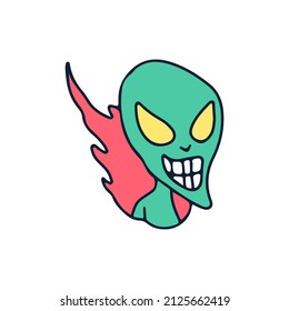 Smile alien and fire, illustration for t-shirt, sticker, or apparel merchandise. With doodle, retro, and cartoon style.