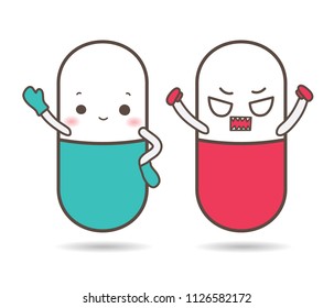 Smile and angry capsule raise their hands. Good and bad health care. Vector illustration isolated.