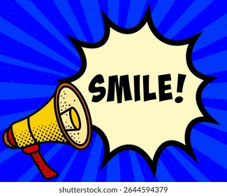 Smile announcement speech bubble. Megaphone, speech burst, comic style, bright background, communication element, expression tool, voice projection, information sharing, pop art design.