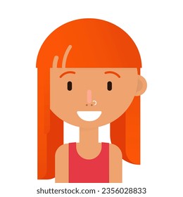 Smile arabic girl with red hair avatar, pirsing, headphones. Flat style on white background
