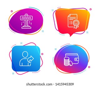 Smile, Attraction and Refer friend icons simple set. Payment method sign. Certificate, Free fall, Share. Wallet with coins. Speech bubble smile icon. Colorful banners design set. Vector