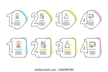 Smile, Attraction and Refer friend icons simple set. Payment method sign. Certificate, Free fall, Share. Wallet with coins. Infographic timeline. Line smile icon. 4 options or steps. Vector