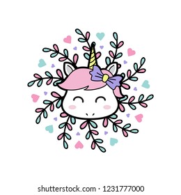 Smile baby unicorn with floral mandala. Vector illustration for card background, shirt