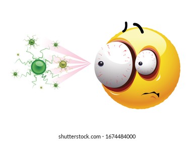 Smile ball scared by the virus. Freaked out face of smile ball surrounded by viruses.