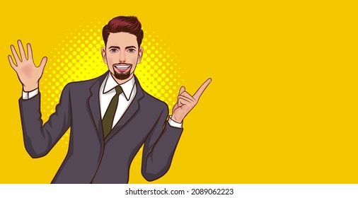 smile bearded businessman point finger at empty space Pop Art Comic Style