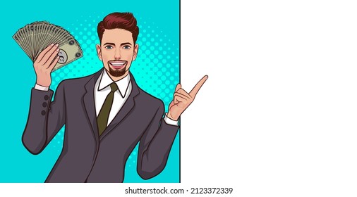 smile bearded businessman point finger at empty space Pop Art Comic Style