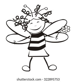 smile bee, girl and flower, black and white, vector icon