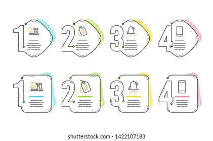 Smile, Bio tags and Clock bell icons simple set. Smartphone sign. Laptop feedback, Leaf, Alarm. Cellphone or phone. Business set. Infographic timeline. Line smile icon. 4 options or steps. Vector