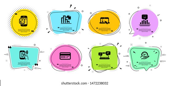 Sonrisa, Bitcoin pay y los iconos de la línea de tiempo seguro establecidos. Burlas de chat con citas. Gráficos decrecientes, tarjetas de crédito y signos de chat de Internet. Desplácese hacia abajo, Mobile como símbolos. Vector