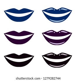 smile, blue and black lips, mouth. Gothic, extreme makeup. punk, glamour, emo.  vector color illustration, a collection of icons on a white background.