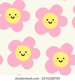 Smile Boho Funky Flower Retro Style Seamless Pattern 