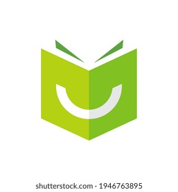 Plantilla del logotipo del libro sonrisas, símbolo de aprendizaje feliz, concepto de educación divertida, diseño de icono plano - Vector