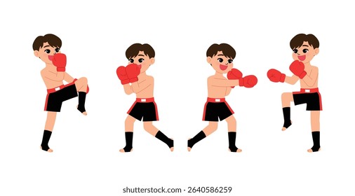 smile boy cartoon character Muay Thai training, traditional thai boxing, health, happy man workout , healthy lifestyle illustration