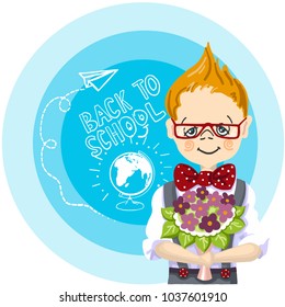 smile boy red glasses with bouquet flowers stand near blue background, with letters and paintings, back to school, white chalk, drawing airplane and globe with chalk on a blackboard