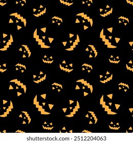 Sonrisa y ojos de calabaza amarillos brillantes sobre un fondo negro. Patrón inconsútil de Halloween, impresión, Ilustración vectorial