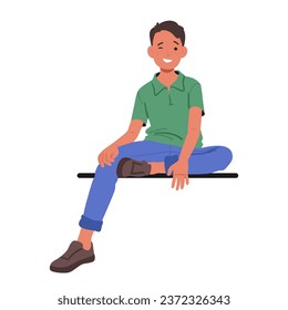 Smile Brightens The Face Of A Teenage Boy Character As He Sits On A Bench Or Parapet. His Relaxed Posture And Joyful Expression Reveal A Genuine Happiness In The Moment. Cartoon Vector Illustration