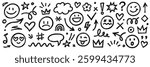 Smile brush hand drawn vector element set. Emoji fun face, heart, crown symbol crayon texture marker background kid sketch style hand drawn element. Color smiley face, arrow. Vector illustration