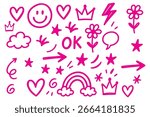 Smile brush hand drawn vector element set. Emoji fun face, heart, crown symbol crayon texture marker background kid sketch style hand drawn element. Color smiley face, arrow. Vector illustration