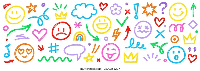 Smile brush hand drawn vector element set. Emoji fun face, heart, crown symbol crayon texture marker background kid sketch style hand drawn element. Scribble shape, smiley face. Vector illustration