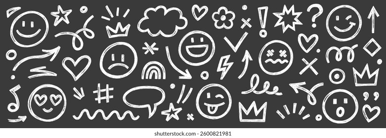 Smile brush hand drawn vector element set. Emoji fun face, heart, crown symbol crayon texture marker background kid sketch style hand drawn element. Scribble shape, smiley face. Vector illustration