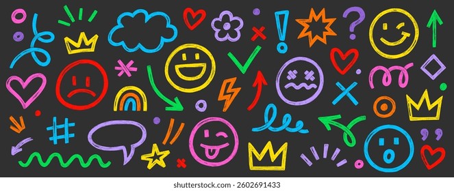 Smile brush hand drawn vector element set. Emoji fun face, heart, crown symbol crayon texture marker background kid sketch style hand drawn element. Scribble shape, smiley face. Vector illustration