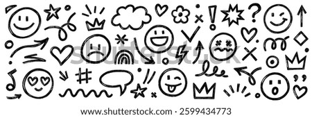 Smile brush hand drawn vector element set. Emoji fun face, heart, crown symbol crayon texture marker background kid sketch style hand drawn element. Color smiley face, arrow. Vector illustration