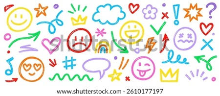 Smile brush hand drawn vector element set. Emoji fun face, heart, crown symbol crayon texture marker background kid sketch style hand drawn element. Scribble shape, smiley face. Vector illustration