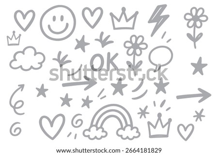 Smile brush hand drawn vector element set. Emoji fun face, heart, crown symbol crayon texture marker background kid sketch style hand drawn element. Color smiley face, arrow. Vector illustration