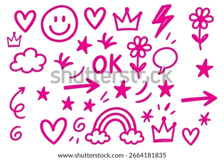 Smile brush hand drawn vector element set. Emoji fun face, heart, crown symbol crayon texture marker background kid sketch style hand drawn element. Color smiley face, arrow. Vector illustration