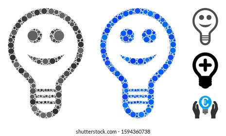 Smile bulb mosaic of filled circles in different sizes and color tones, based on smile bulb icon. Vector filled circles are united into blue illustration.