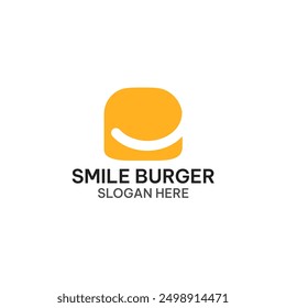 Smile burger logo template in simple flat design. Happy burger vector illustration with letter e initial.