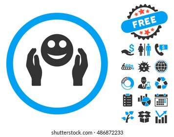 Smile Care Hands icon with bonus pictogram. Vector illustration style is flat iconic bicolor symbols, blue and gray colors, white background.