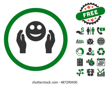 Smile Care Hands pictograph with free bonus pictogram. Vector illustration style is flat iconic bicolor symbols, green and gray colors, white background.