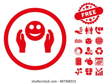Smile Care Hands pictograph with free bonus pictograph collection. Vector illustration style is flat iconic symbols, red color, white background.