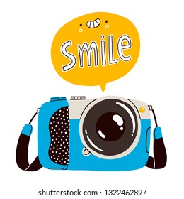 Smile, cartoon camera vector illustration