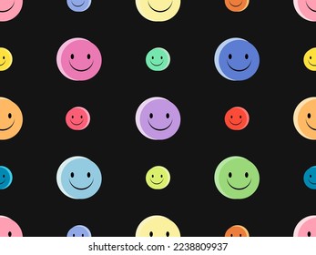Smile cartoon character seamless pattern on black background
