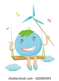 Smile cartoon personalized globe sitting on wood swing and holding in his hand windmill. Graphic representation for Environment Day. Cartoon globe, cloud & butterfly.