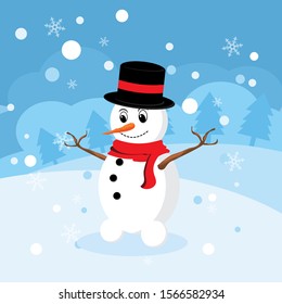 smile cartoon snowman on the mountain with hat and scarf 