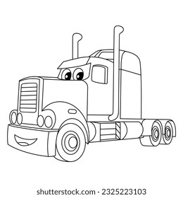 Smile Cartoon Truck Coloring Page. Big Truck Trailer Vector Illustration. Heavy Semi Truck Vehicle With Funny Face. Lorry Outline