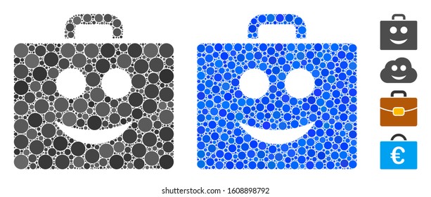 Smile case mosaic of filled circles in different sizes and color tinges, based on smile case icon. Vector filled circles are organized into blue mosaic.