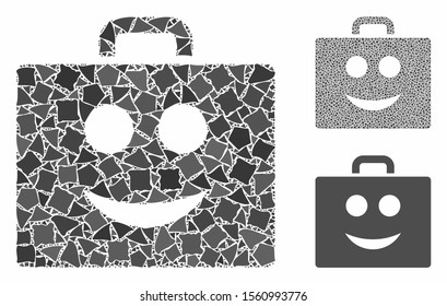 Smile case mosaic of uneven items in various sizes and color hues, based on smile case icon. Vector uneven elements are composed into collage. Smile case icons collage with dotted pattern.