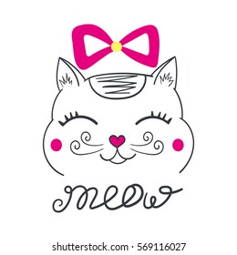Smile cat print with pink bow vector isolated on white background. Kitty text Meow. Design for pets kids poster, baby shower invitation, birthday cards or girls fashion clothing. 