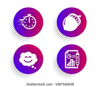 Smile chat, Acorn and Cooking timer icons simple set. Halftone dots button. Report document sign. Happy face, Oaknut, Stopwatch. Growth chart. Business set. Classic flat smile chat icon. Vector